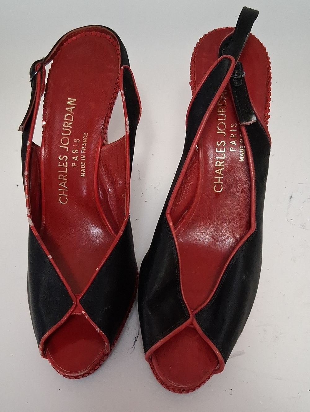 Charles Jourdan Black and Red Peep-Toe Slingback Sandals